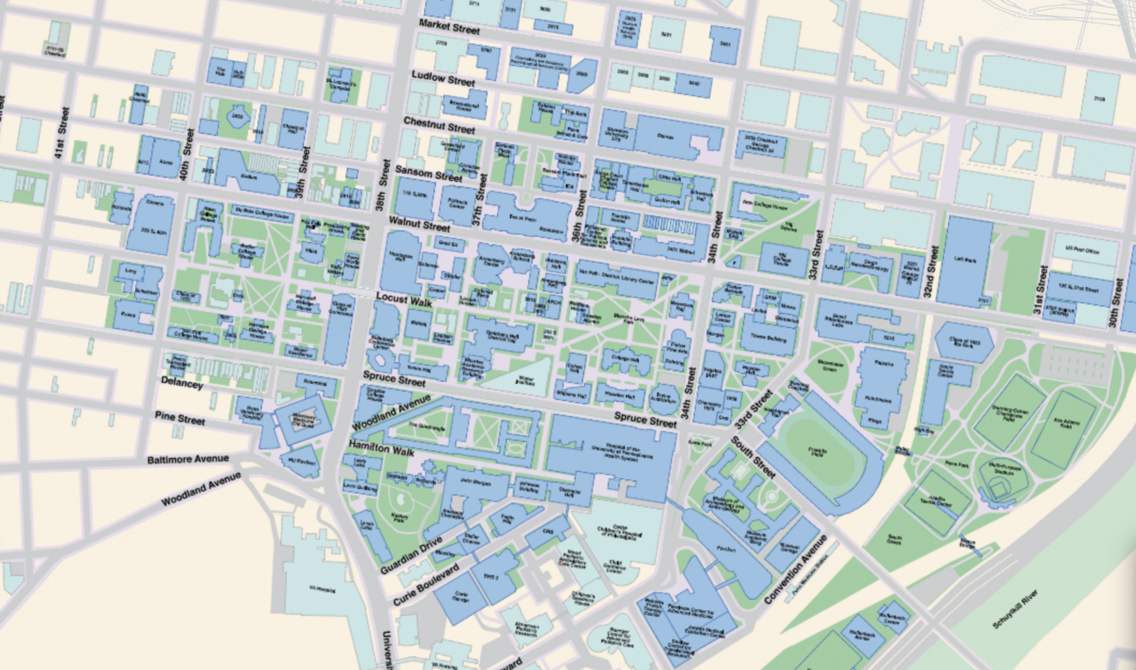 Screencapture of mapping application showing West Philadelphia streets with penn buildings overlaid