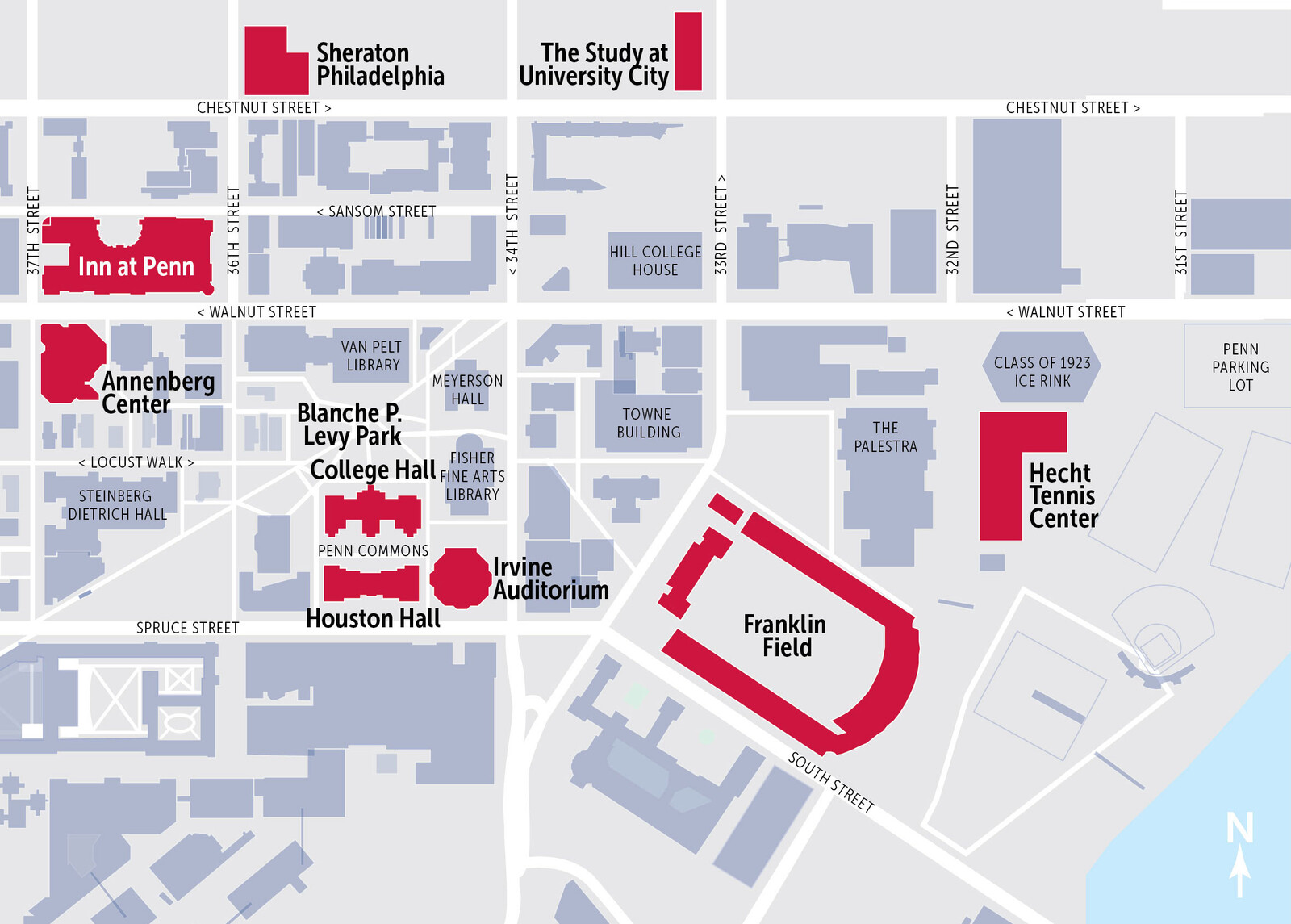 A map of Penn's Campus with highlights on buildings relevant to the Inauguration