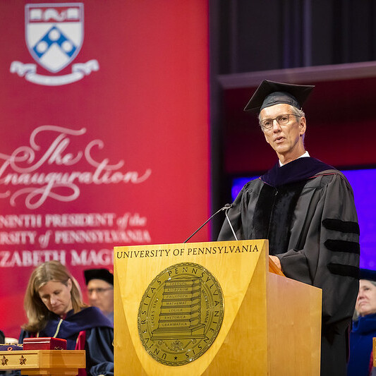 Board Chair, Scott Bok, introduces President Magill during the Inauguration ceremony